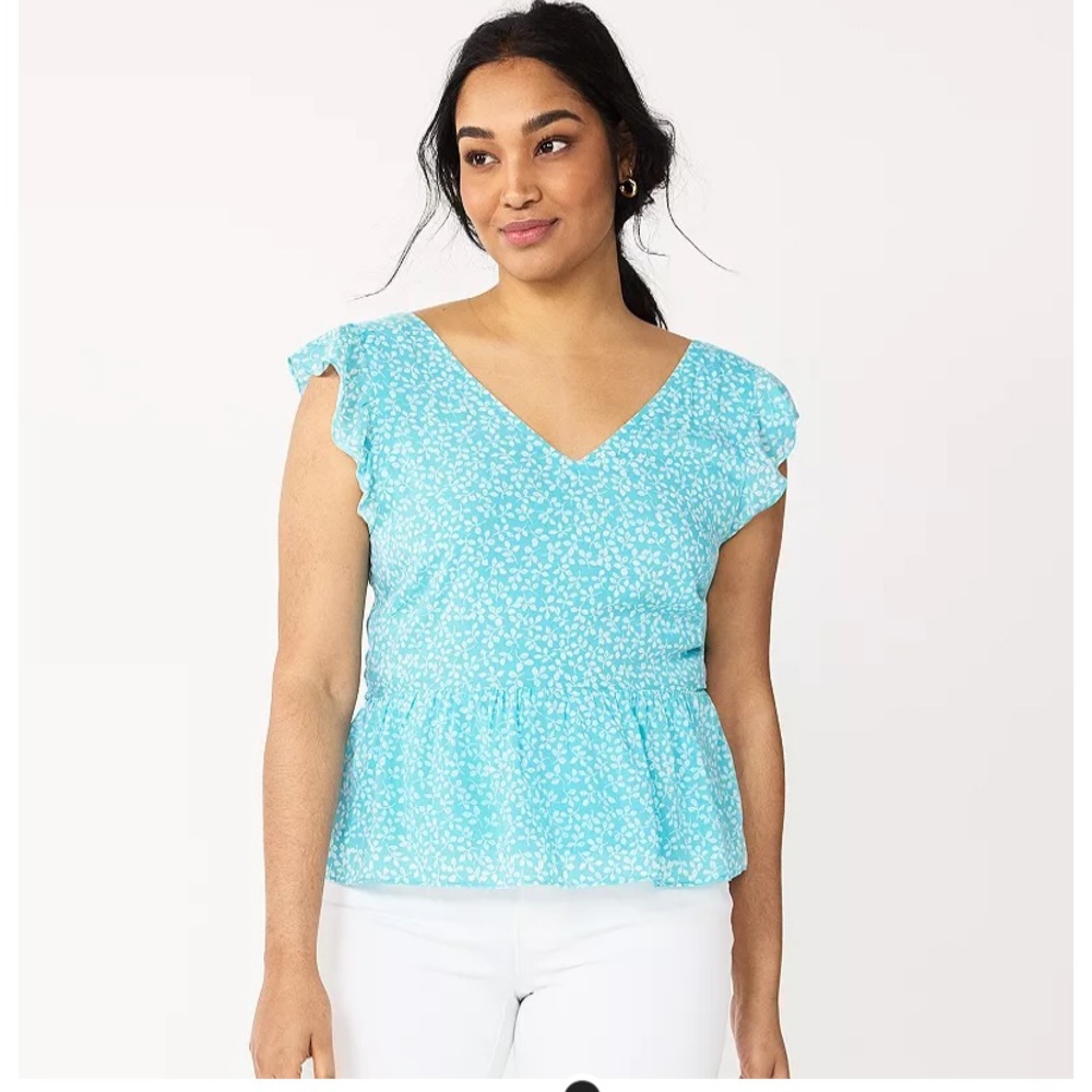Draper James Flutter Sleeve Peplum-Hem Top Ditsy Floral Blouse - Size XS